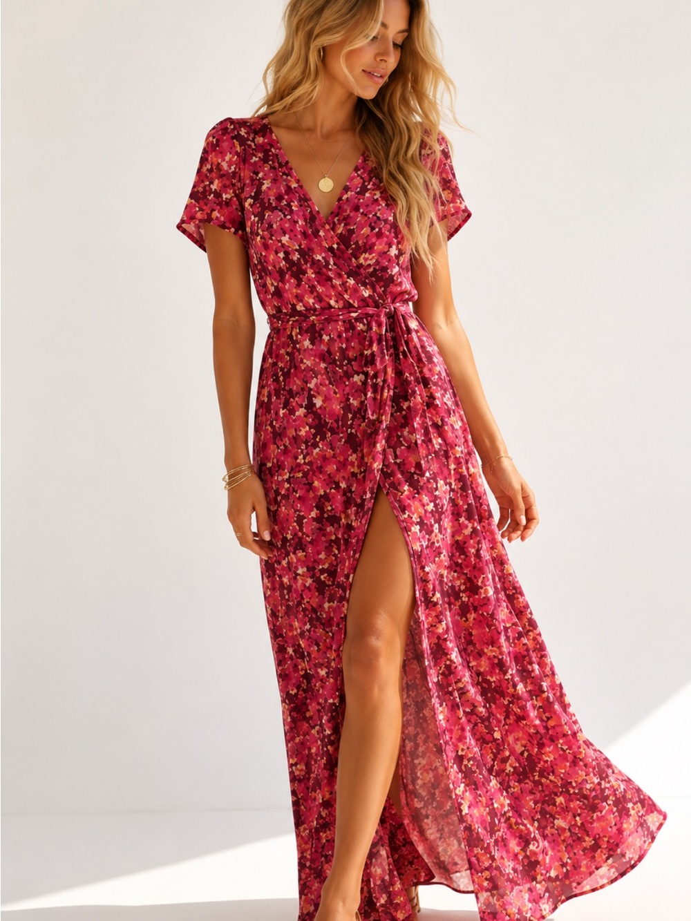 VICI Red Floral Wrap Maxi Dress Tie Waist Slit Boho Small Resort Romantic Flowy